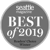 The image is a circular badge that reads "seattle magazine BEST of 2019 Readers' Choice Winner."
