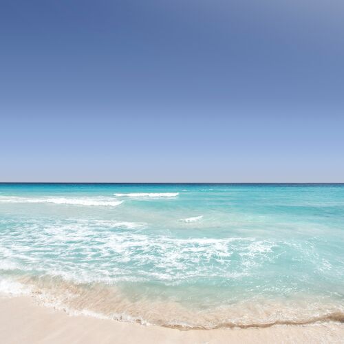 The image shows a serene beach with clear blue skies and turquoise water gently washing onto the sandy shore.